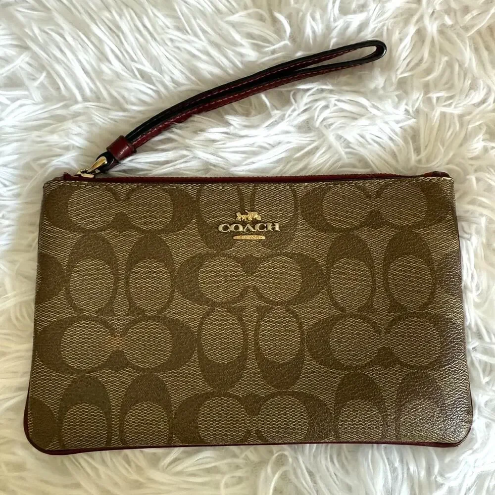 COACH Brown Burgundy Coat Canvas Wristlet w/ Card Slots